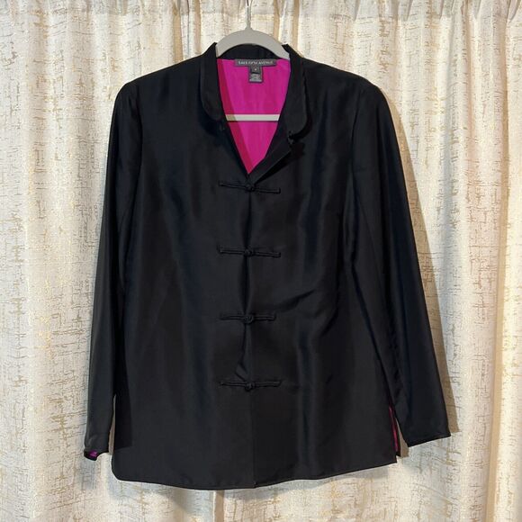 SAKS FIFTH AVENUE 100% SILK Black Jacket Pink Lined Women’s Sz Small Knot Clasps - Picture 1 of 6